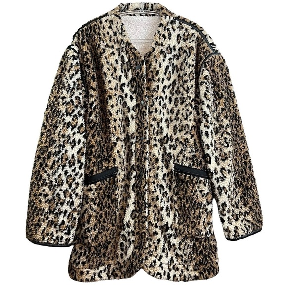 Blank NYC Fleece Leopard Print Faux Leather Trim Coat Jacket Beige Tan Sz Small - Picture 4 of 13